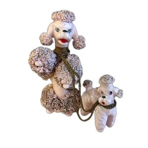 Vintage Pink Poodle Chained Puppy Spaghetti Trim Porcelain Figurines MCM Kitschy